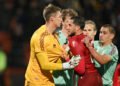 YEREVAN, ARMENIA - MARCH 29: Vahan Bichakhchyan of Armenia clashes with Pavel Pavlyuchenko of Belarus during a friendly match between Armenia and Belarus on March 29, 2026, in Yerevan, Armenia