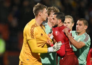 YEREVAN, ARMENIA - MARCH 29: Vahan Bichakhchyan of Armenia clashes with Pavel Pavlyuchenko of Belarus during a friendly match between Armenia and Belarus on March 29, 2026, in Yerevan, Armenia