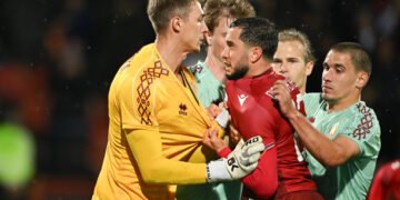 YEREVAN, ARMENIA - MARCH 29: Vahan Bichakhchyan of Armenia clashes with Pavel Pavlyuchenko of Belarus during a friendly match between Armenia and Belarus on March 29, 2026, in Yerevan, Armenia