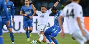 YEREVAN, ARMENIA, FEBRUARY 19, 2026: Matheus Aiás of FC Noah and Ibrahim Sadiq of AZ Alkmaar battle for the ball during the UEFA Europa Conference League match between FC Noah and AZ Alkmaar at Republican Stadium in Yerevan, Armenia.